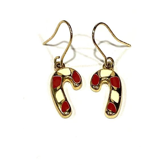 Candy Cane Earrings Christmas Enamel Gold Tone - Picture 3 of 5